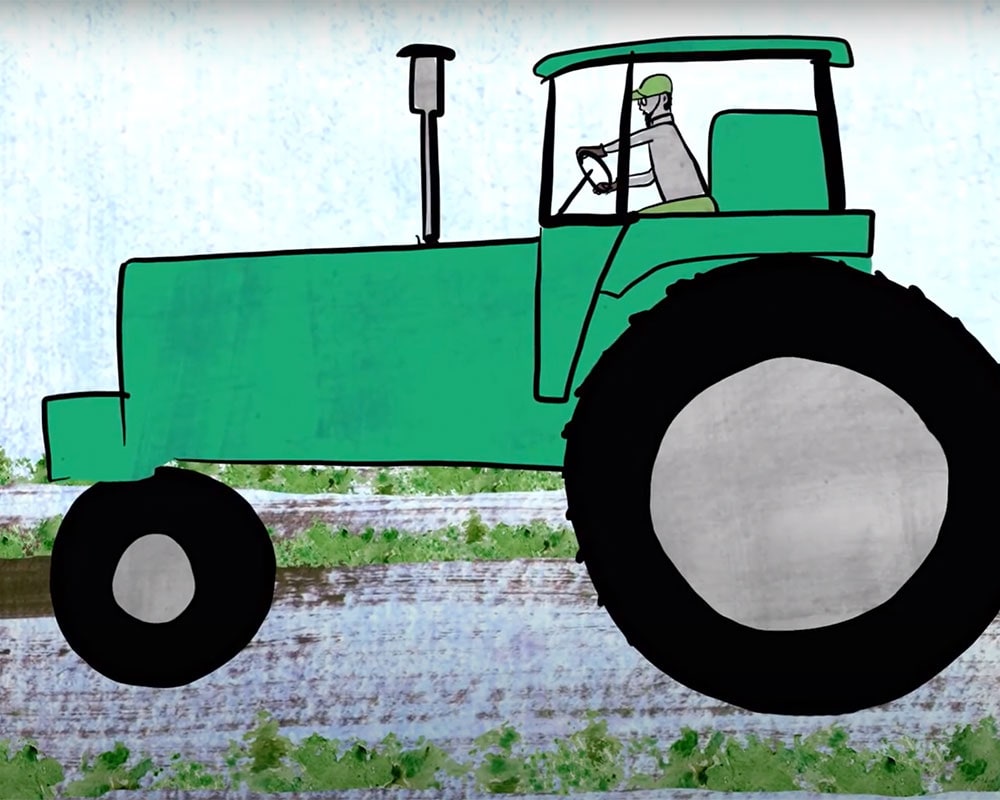 A still from a Double Up and StoryCorps animated video. A farmer in a green hat driving a large green tractor. The animation style resembles a child's drawing.