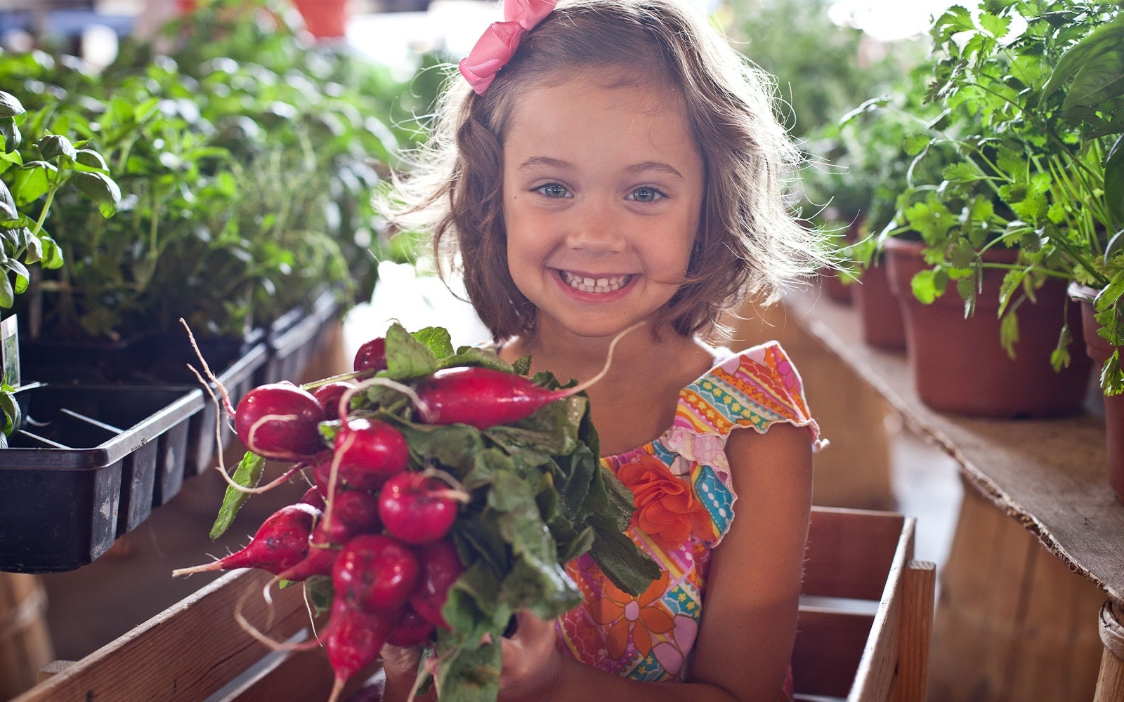 A small girl with a bow in her hair smiling and holding a bunch of radishes at a farmer's market.