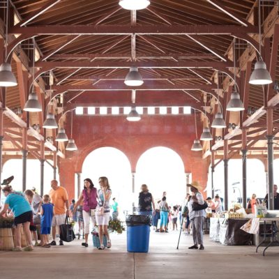 the wooden structure of the Detroit Farmers Market
