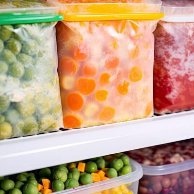 A freezer shelf full of bags and containers full of frozen fruits and veggies.