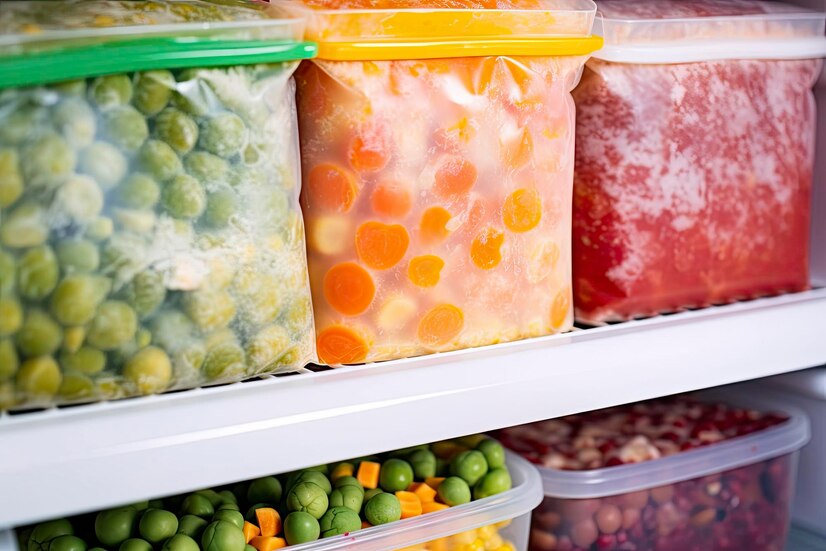 A freezer shelf full of bags and containers full of frozen fruits and veggies.