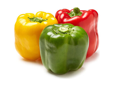 Group of fresh green peppers, including one green, one yellow, and one red, on a white backdrop.