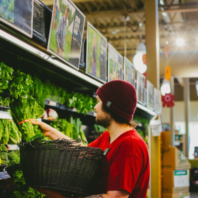 Grocery store employee stocks fresh lettuce on the shelf at the Marquette Food Co-op located in Marquette, Michigan.